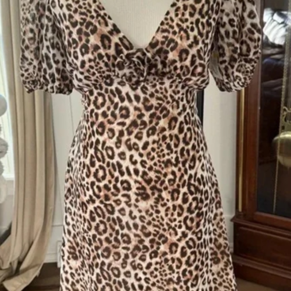 Leopard Print Wrap Mini Dress — Puff Sleeve Waist Tie Bombshell Fit
